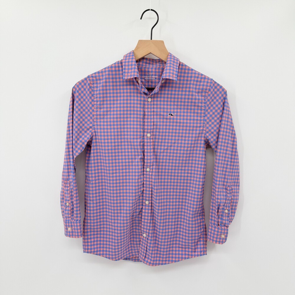 Vineyard Vines Boys Performance Shirt Small S 8-10 Gingham Plaid Button Up Blue - Picture 2 of 6